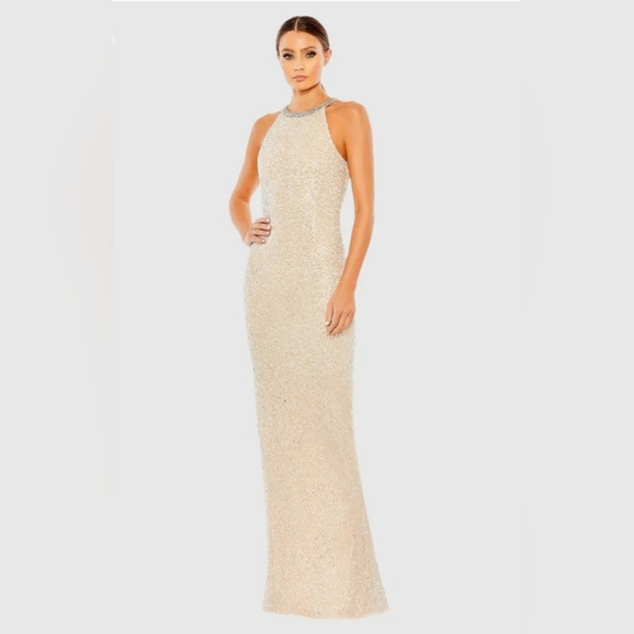 Mac Duggal,  Beaded Sleeveless High Neck‎ Column Gown, Nude/Silver, Size 8, NWT - Picture 1 of 16